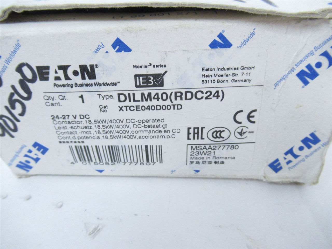 Eaton XTCE040D00TD; Contactor 40A 3-P Coil 24VDC