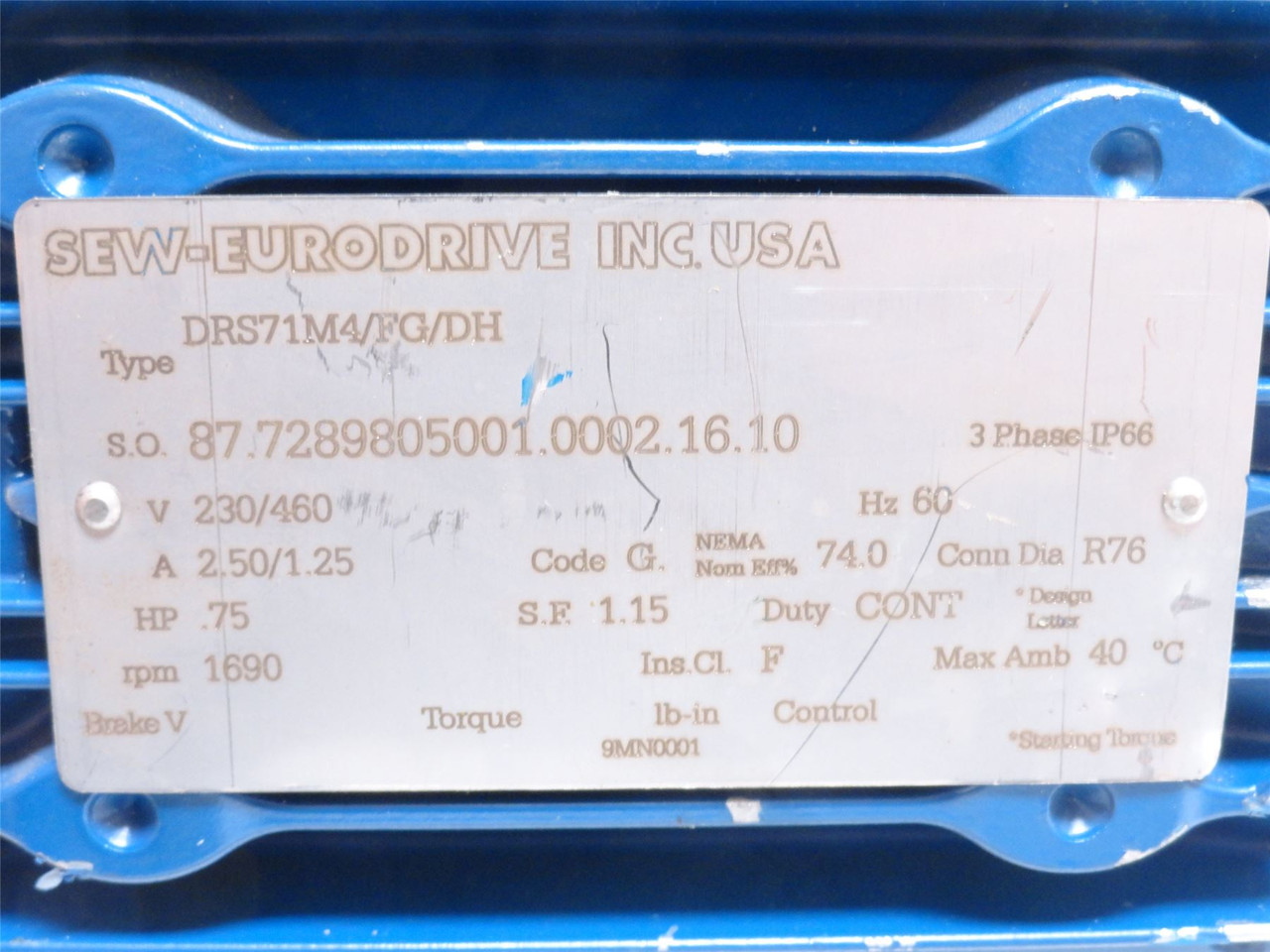 SEW DRS71M4/FG/DH; Stator Core 3/4HP; 230/460VAC; 1690RPM; 3PH