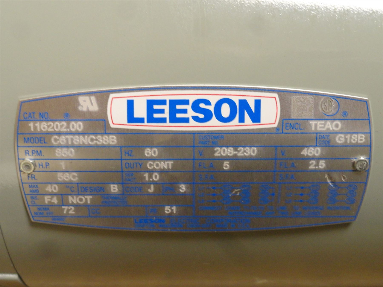 Leeson C6T8NC38B; Fan Motor; 1HP; 208-230/460VAC; 850RPM; 3PH