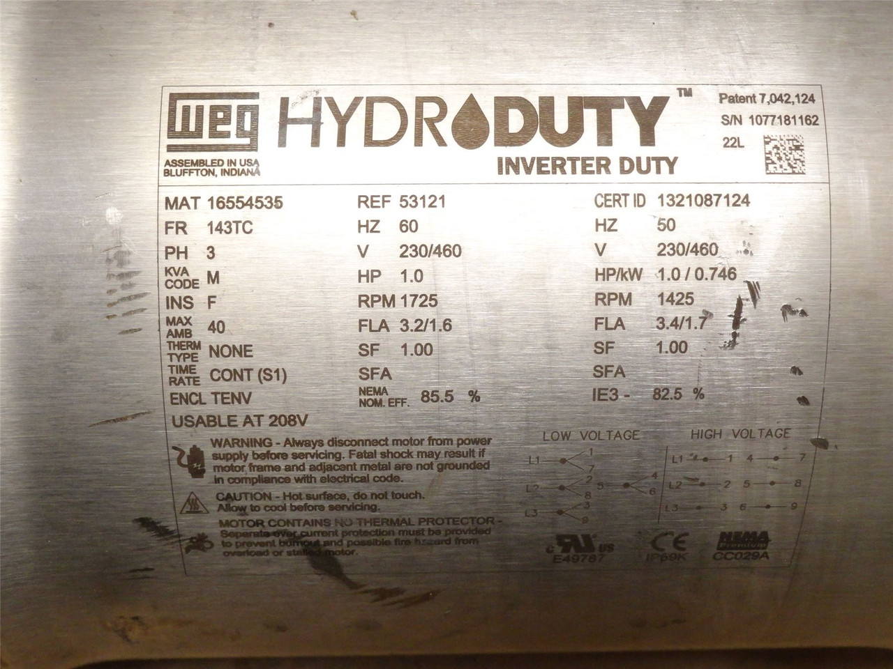 WEG 16554535; AC Motor; 1HP; 230/460V; 1725RPM; 3PH; 60Hz