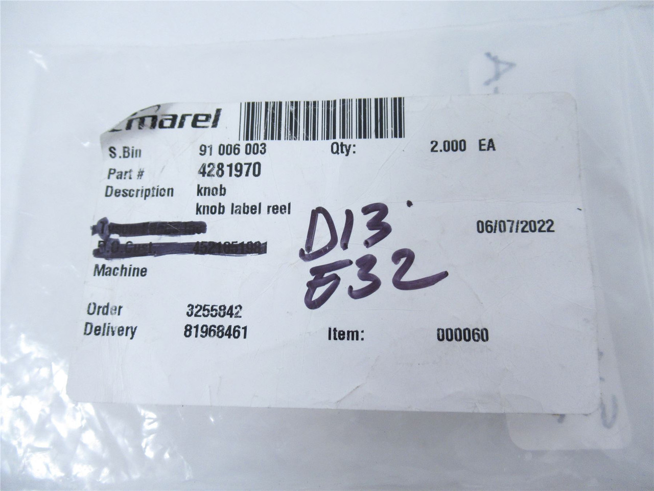 Marel 4281970; Lot-2 Knob Label Reel