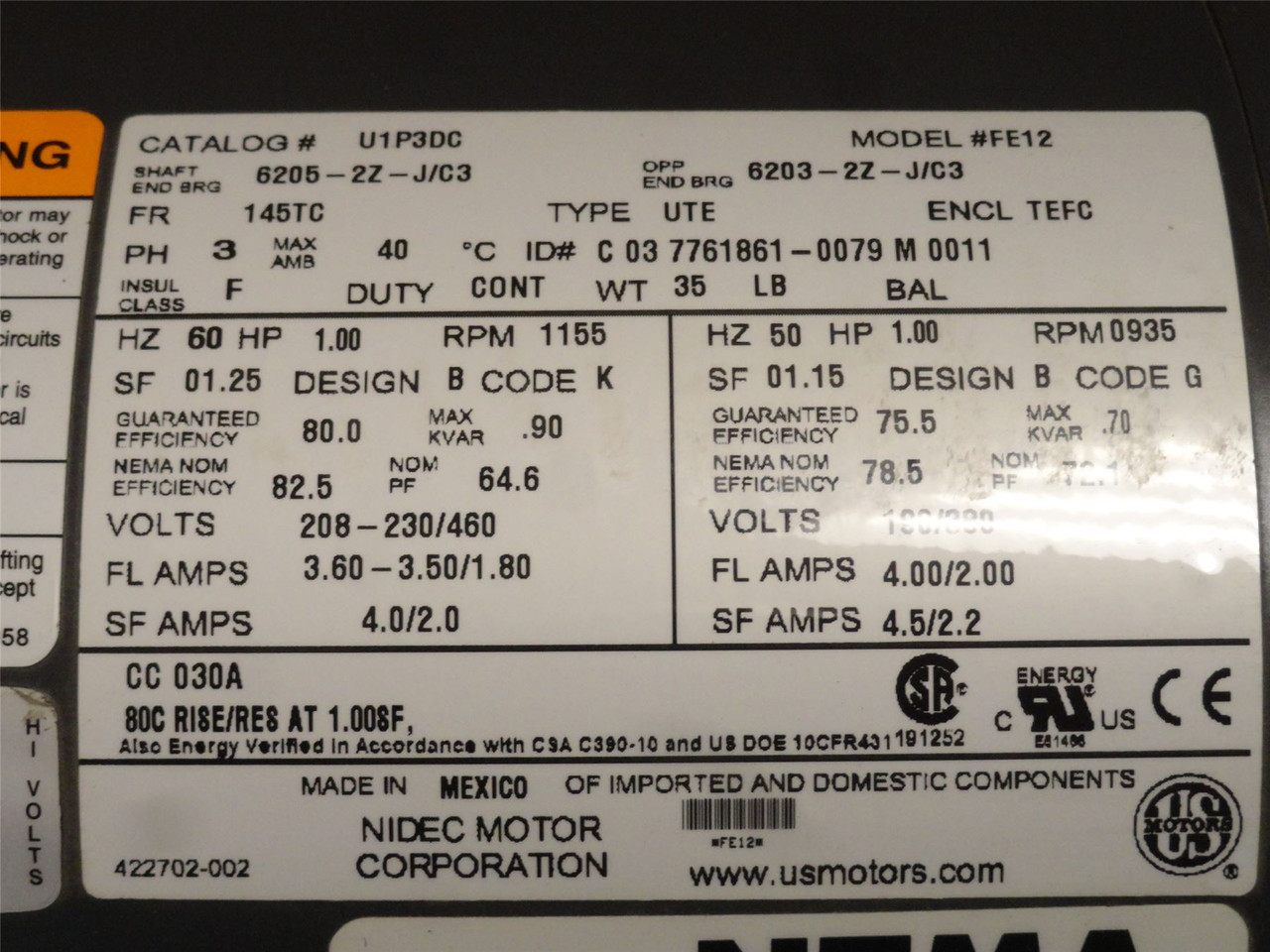Nidec U1P3DC; AC Motor; 1HP; 230/460V; 1155RPM; 3PH; 60Hz