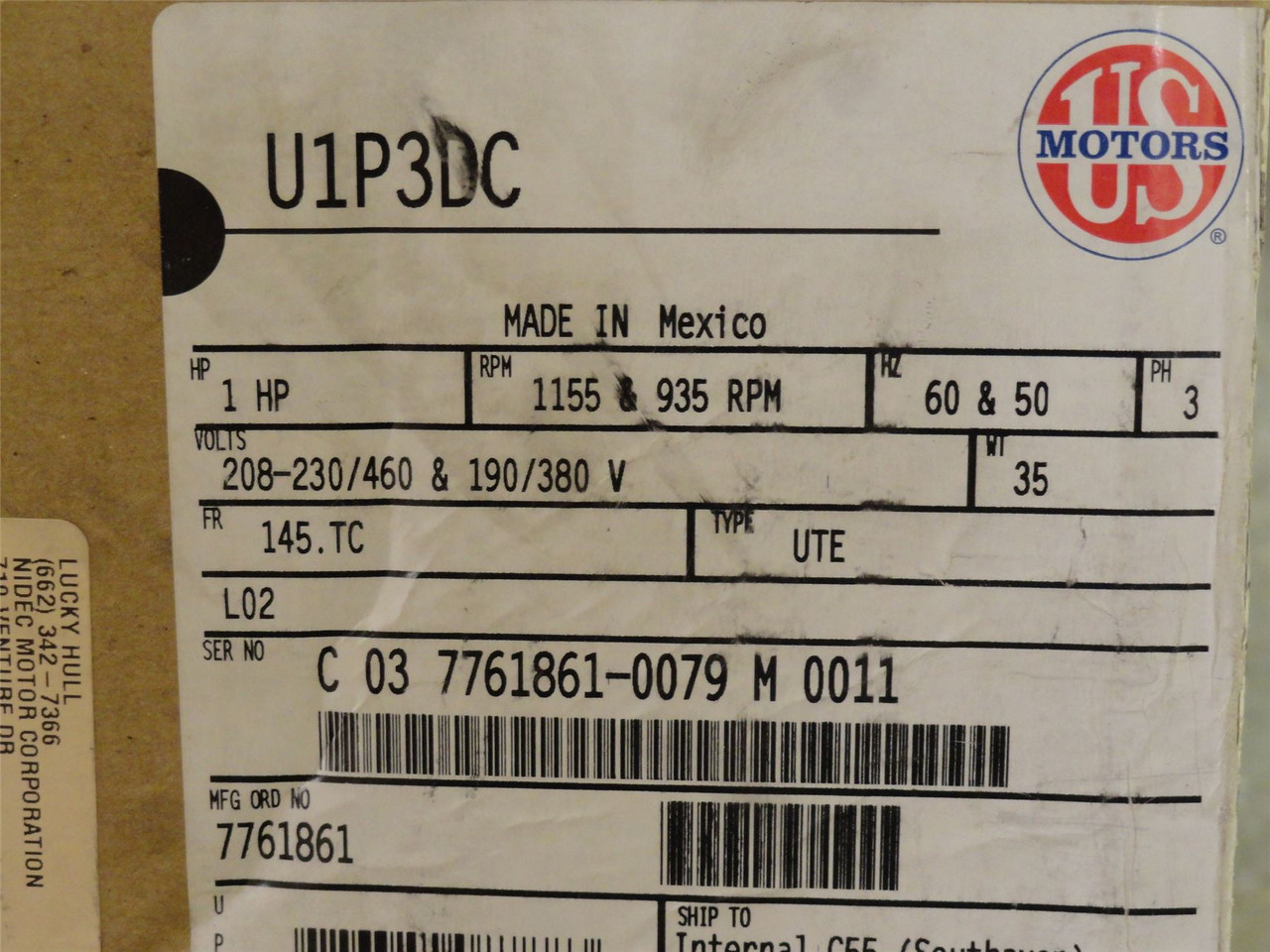 Nidec U1P3DC; AC Motor; 1HP; 230/460V; 1155RPM; 3PH; 60Hz