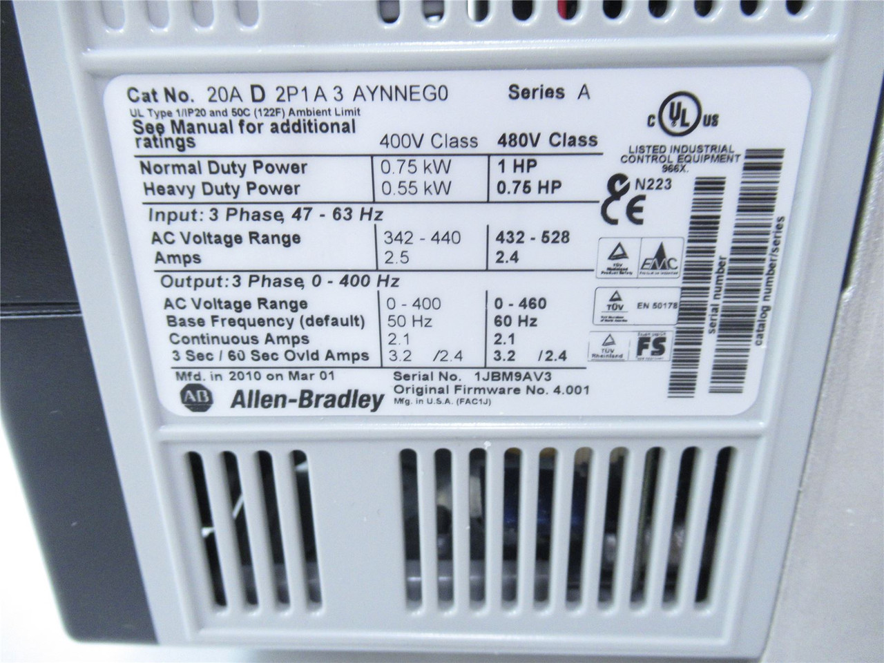 Allen-Bradley 20AD2P1A3AYNNEG0; PowerFlex 70 Drive 1HP 480VAC