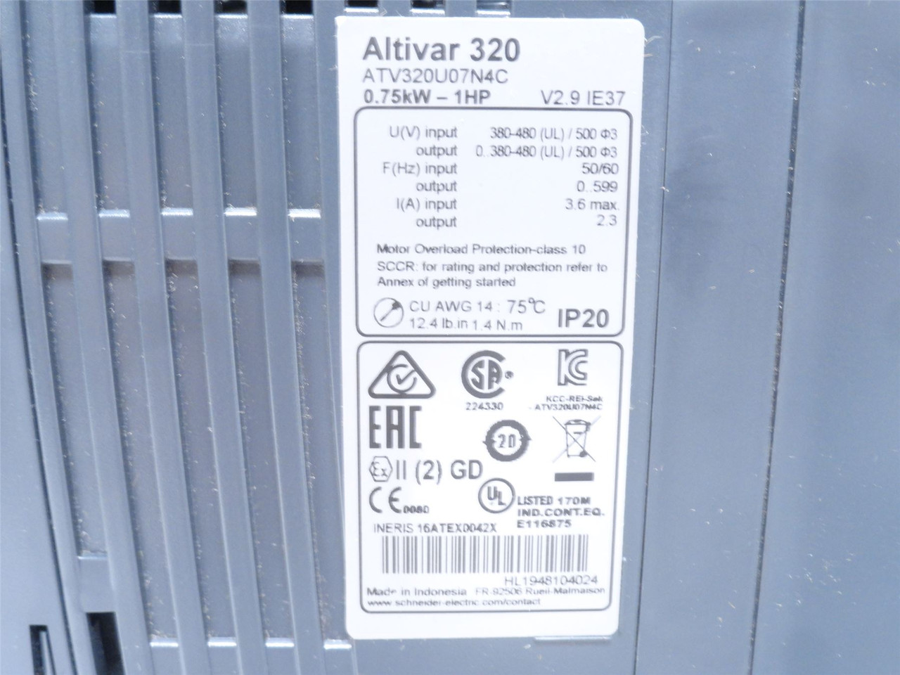 Schneider ATV320U07N4C; AC Drive 1HP (0.75kW) 380-500VAC 3ph