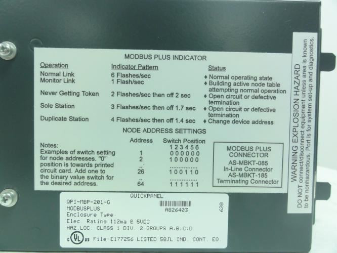 Quickpanel QPI-MBP-201-G; Modbus Plus Indicator; 112mA@5VDC