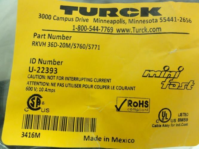 Turck U-22393; Female Cordset; RKVH 36D-20M/S760/S771