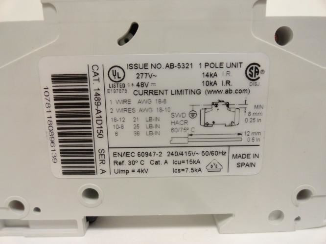 Allen-Bradley 1489-A1D150; Circuit Breaker; 15A; 277VAC; 1P