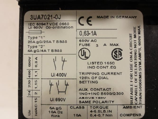 Siemens 3UA7021-0J; Overload Relay 0.63-1A; 3P; 600V