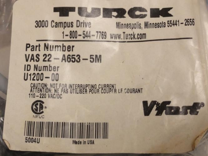 TURCK 22-A653-5M; Connector/Cordset; 0-220VAC/DC; 4A; 5m Cable