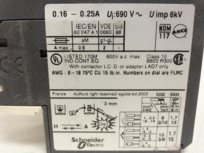 Telemecanique LRD02; Overload Relay 0.16-0.25A; 3P; 600V