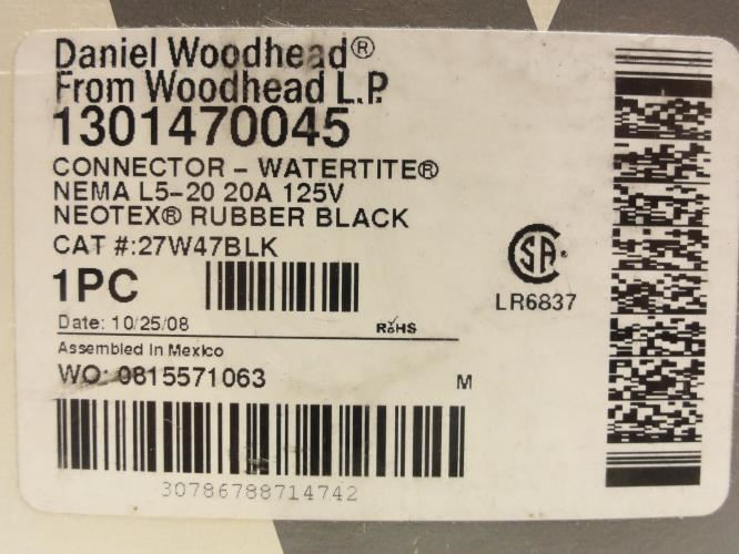 Woodhead 27W47BLK; Watertite Connector; 20A; 125V; 2P; Black