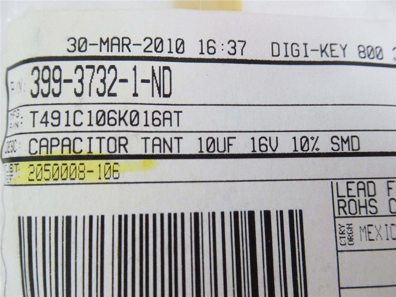 Kemet T491C106K016AT; Lot-110 Tantalum Capacitor; 10uF; 16V