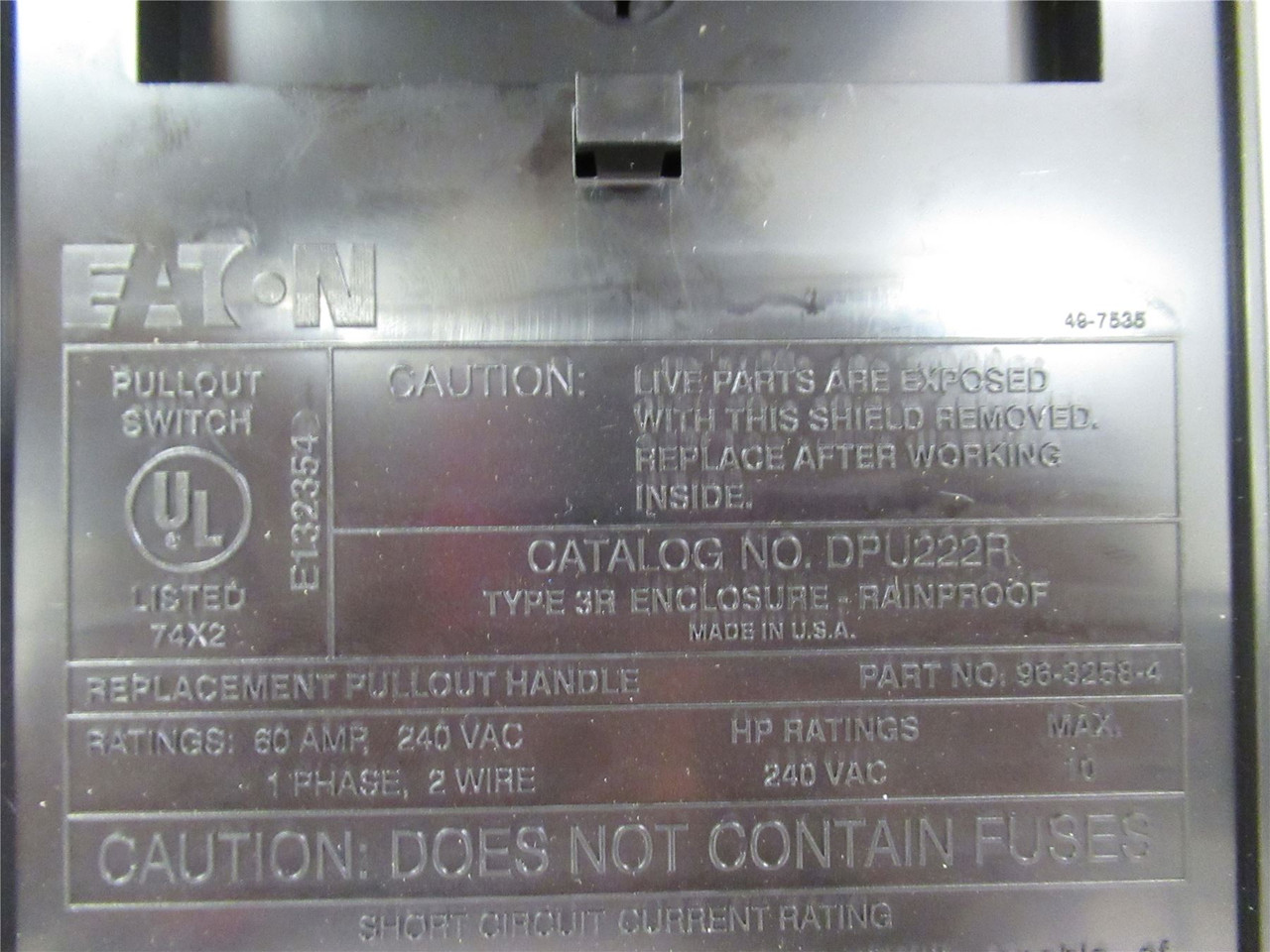 Eaton DPU222R; Air Conditioning Disconnect; 240VAC; 60A; 1Ph