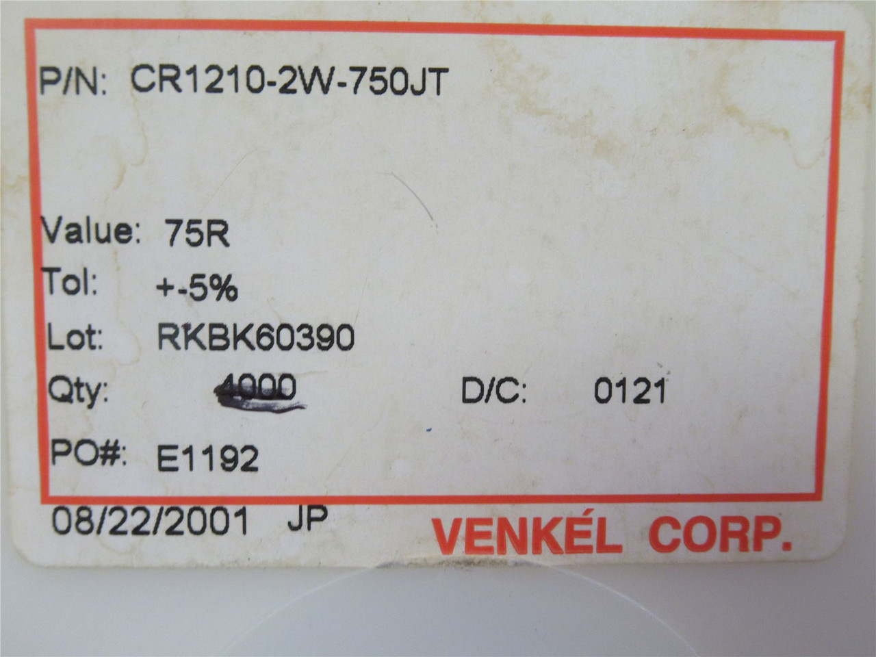 Venkel CR1210-2W-750JT; Lot-3900 Chip Resistor; 75ohm
