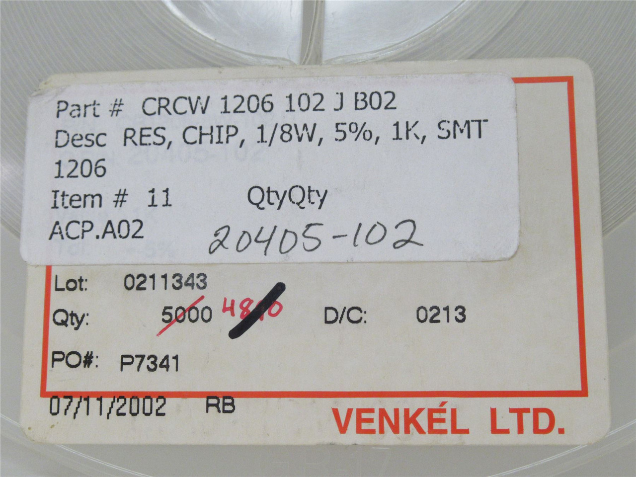 Venkel CR1206-8W-102JT; Lot-3500 Resistor Chip; 1K; +-5%