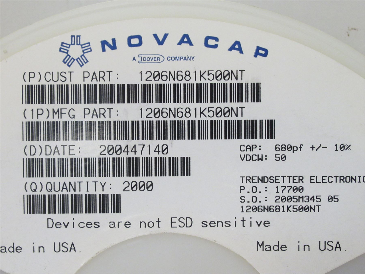 Novacap 1206N681K500NT; Lot-2000 Ceramic Capacitor 680pF