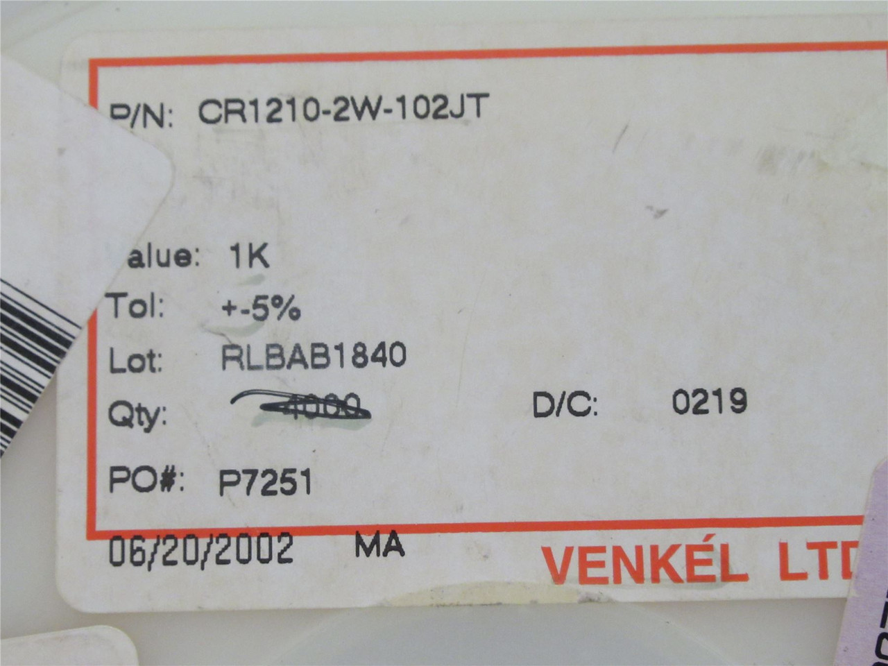 Venkel CR1210-2W-102JT; Lot-3800 Chip Resistor; 1Kohm