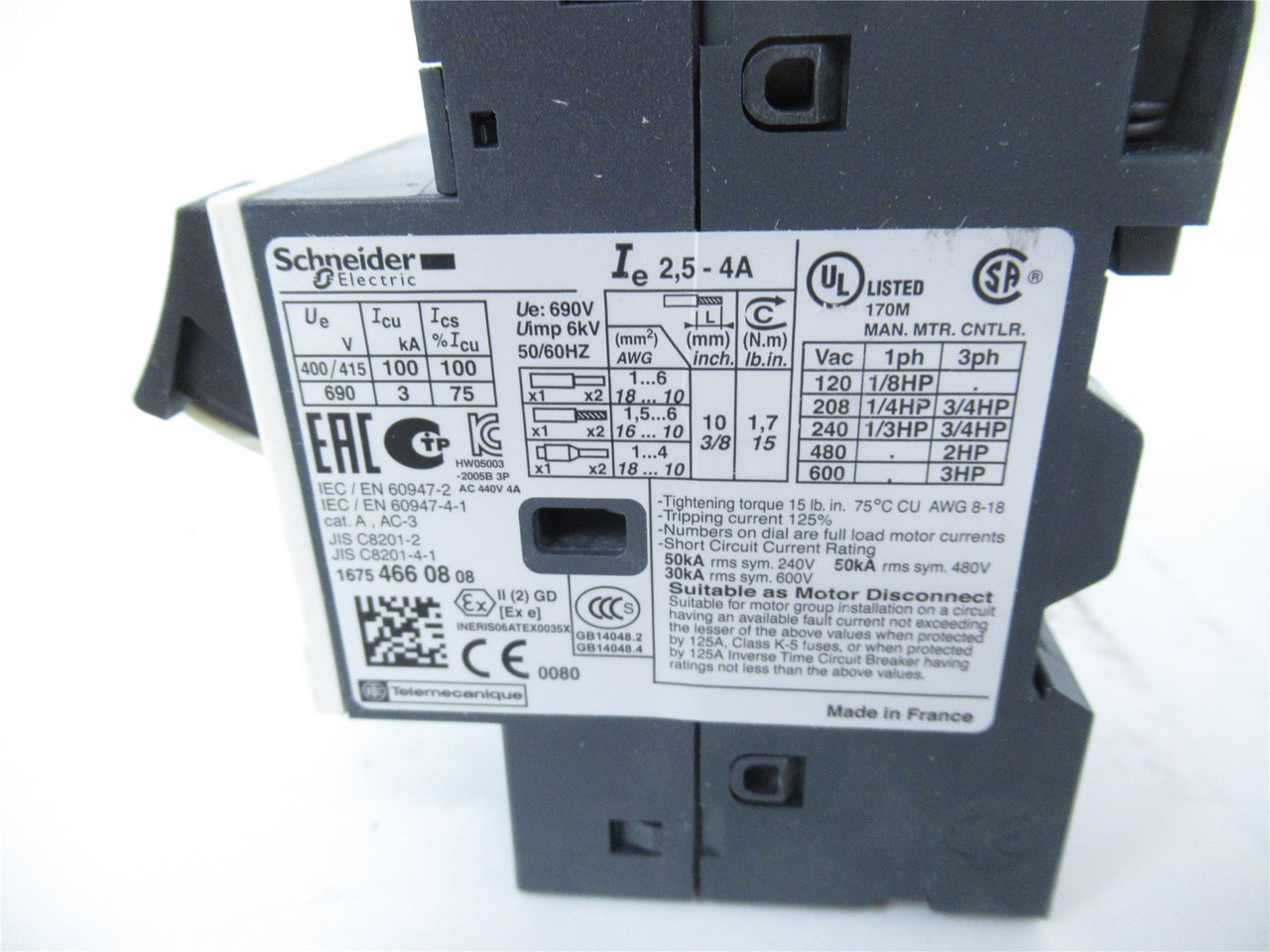 Schneider GV2 ME08; Manual Motor Starter 2.5- 4A