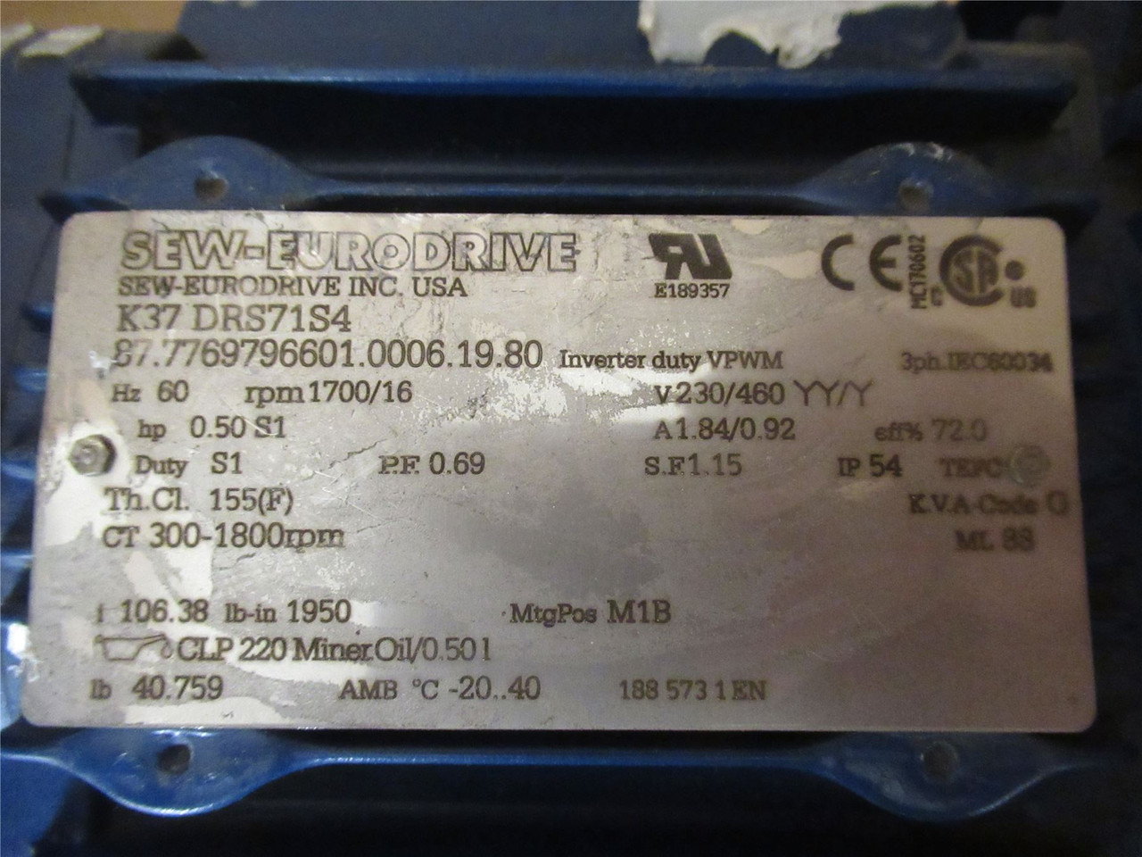 SEW K37DRS71S4; AC Gear Motor; 106.38:1 Ratio; 230/460V; 3PH