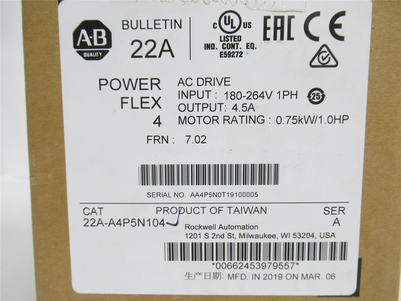 Allen-Bradley 22A-A4P5N104; AC Drive 1HP 240VACIN-1ph OUT-3ph