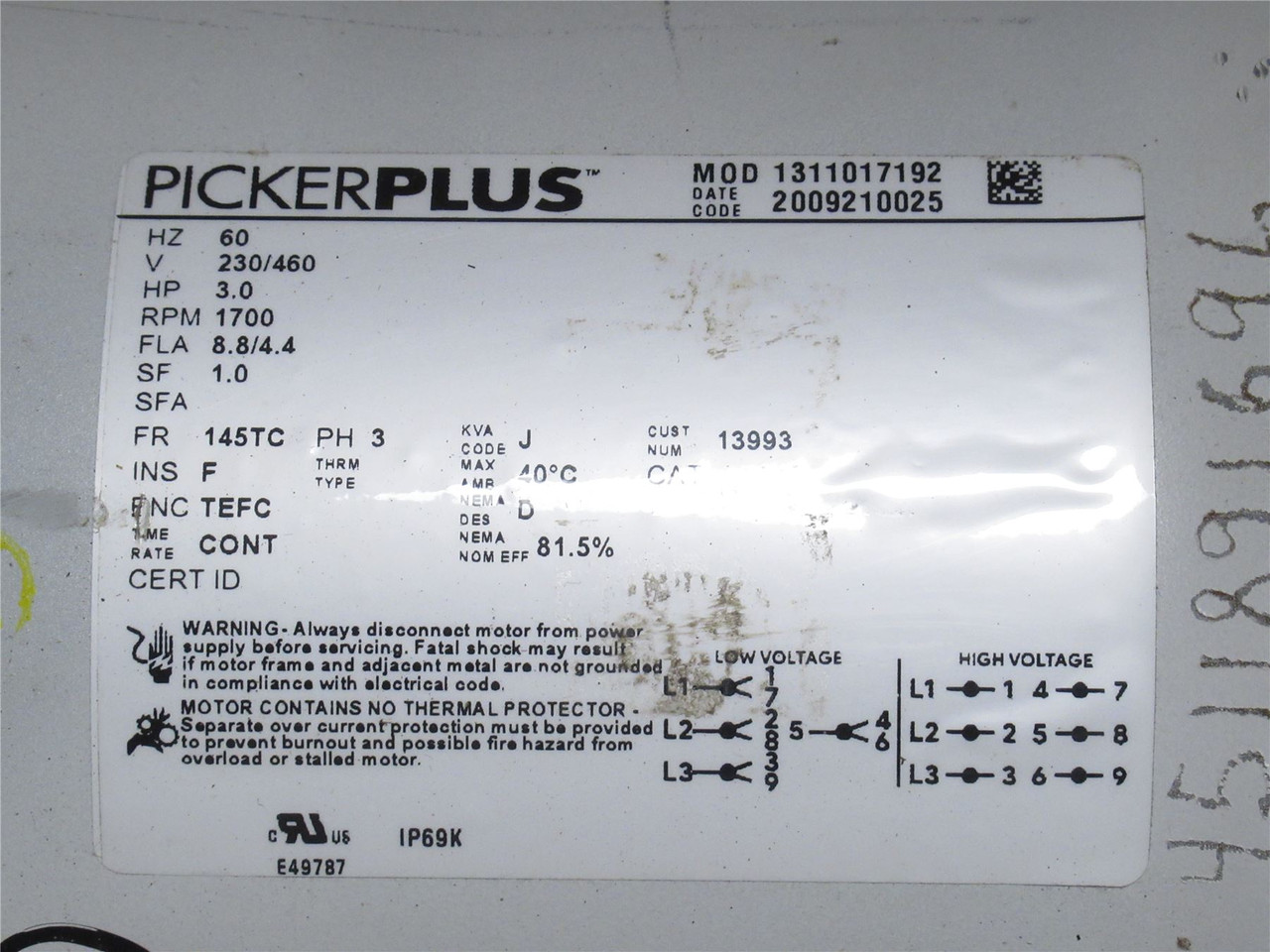 WEG 1311017192; AC Motor; 3HP; 230/460V; 1700RPM; 3PH