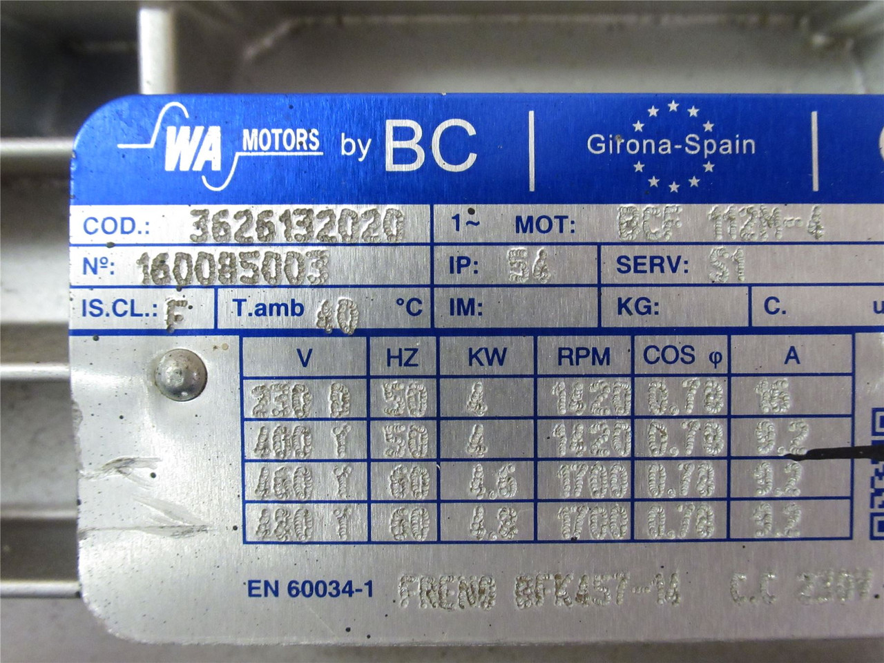 WA Motors BCF112M-4; AC Brake Motor 4kW; 230/460V 1700RPM