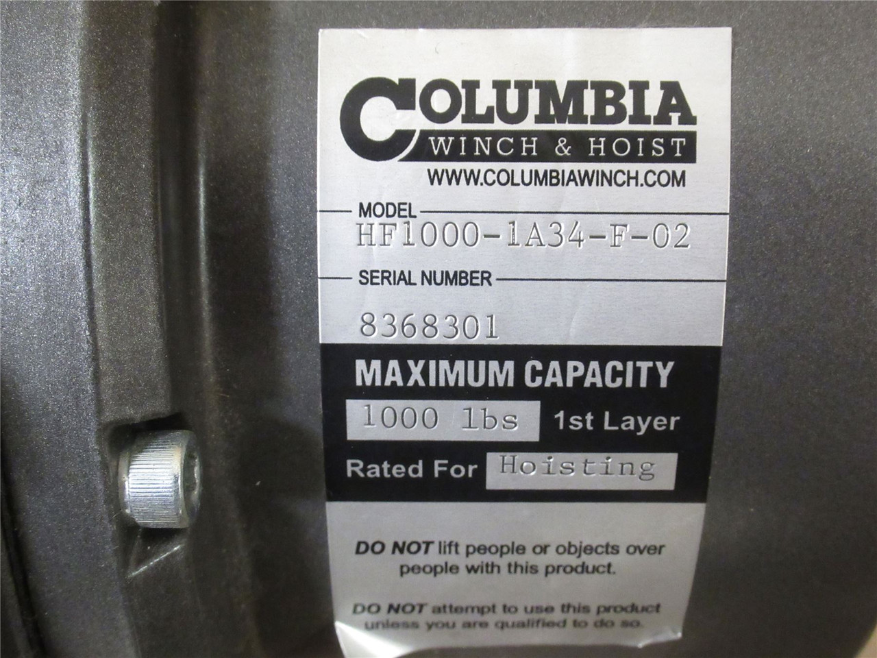 Columbia HF1000-1A34-F-02; Electric Hoist; 1000LBS; 208-230VAC; 1HP