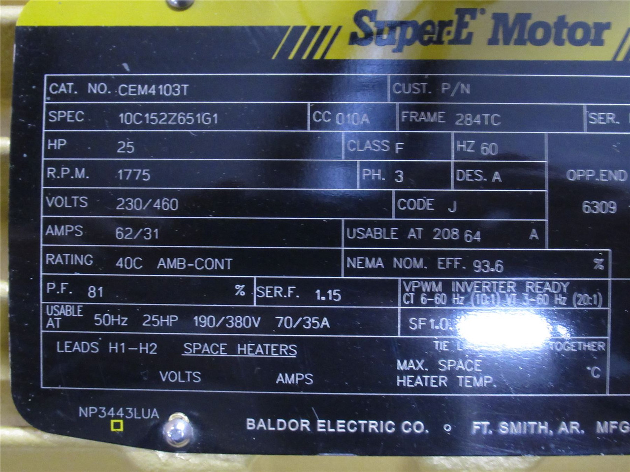 Baldor CEM4103T; AC Motor; 25HP; 230/460V; 1770RPM; 3PH; 60Hz