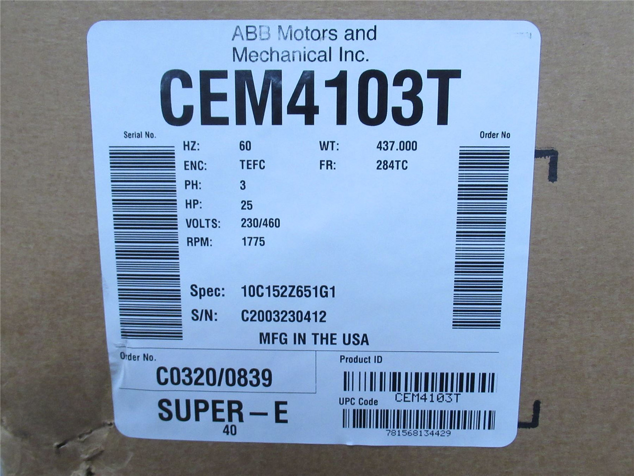 Baldor CEM4103T; AC Motor; 25HP; 230/460V; 1770RPM; 3PH; 60Hz