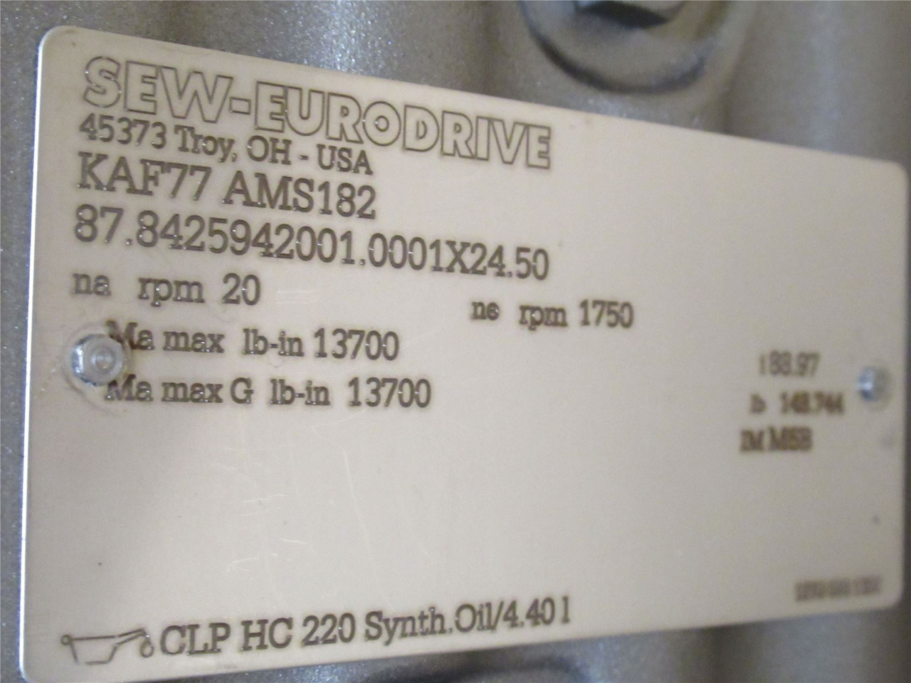 SEW KAF77AMS182; Helical Gear Reducer; 88.97:1 Ratio; 1750RPM