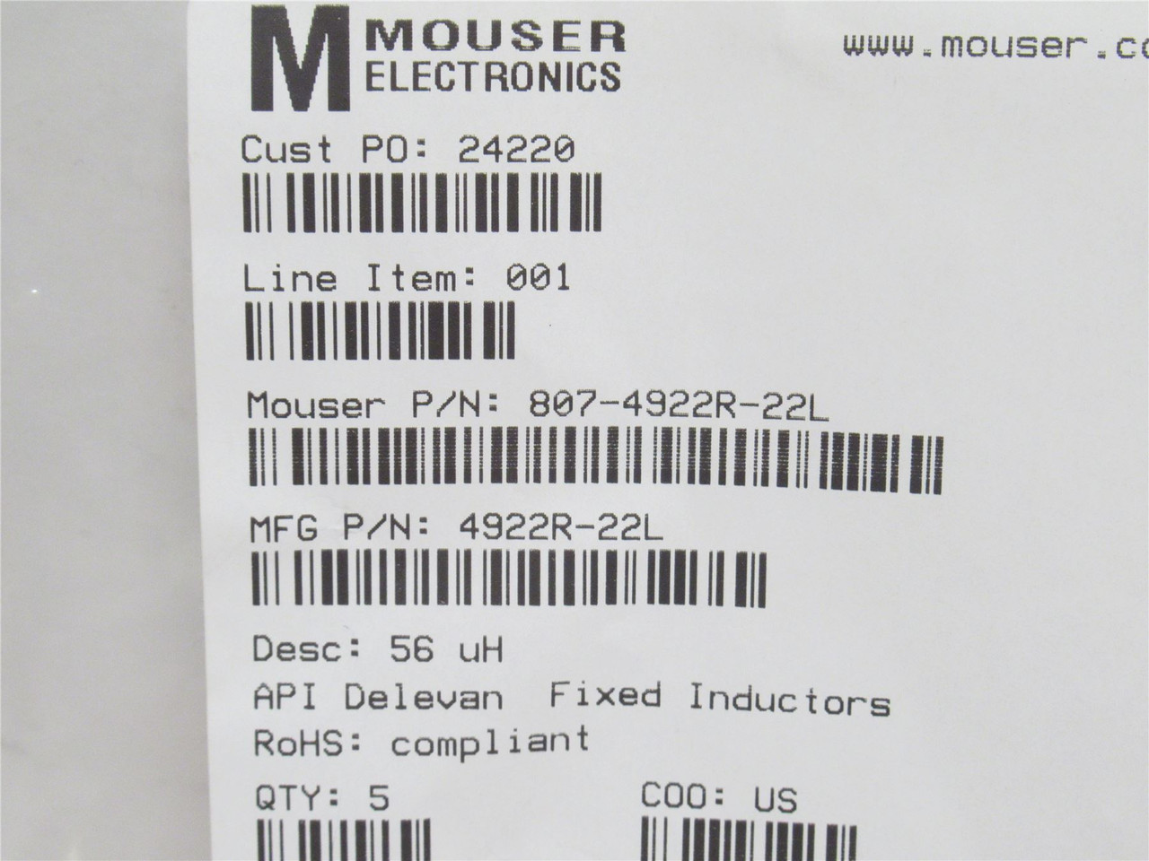 Delevan 4922R-22L; Lot-5; Power Inductors SMD 56uH 1A