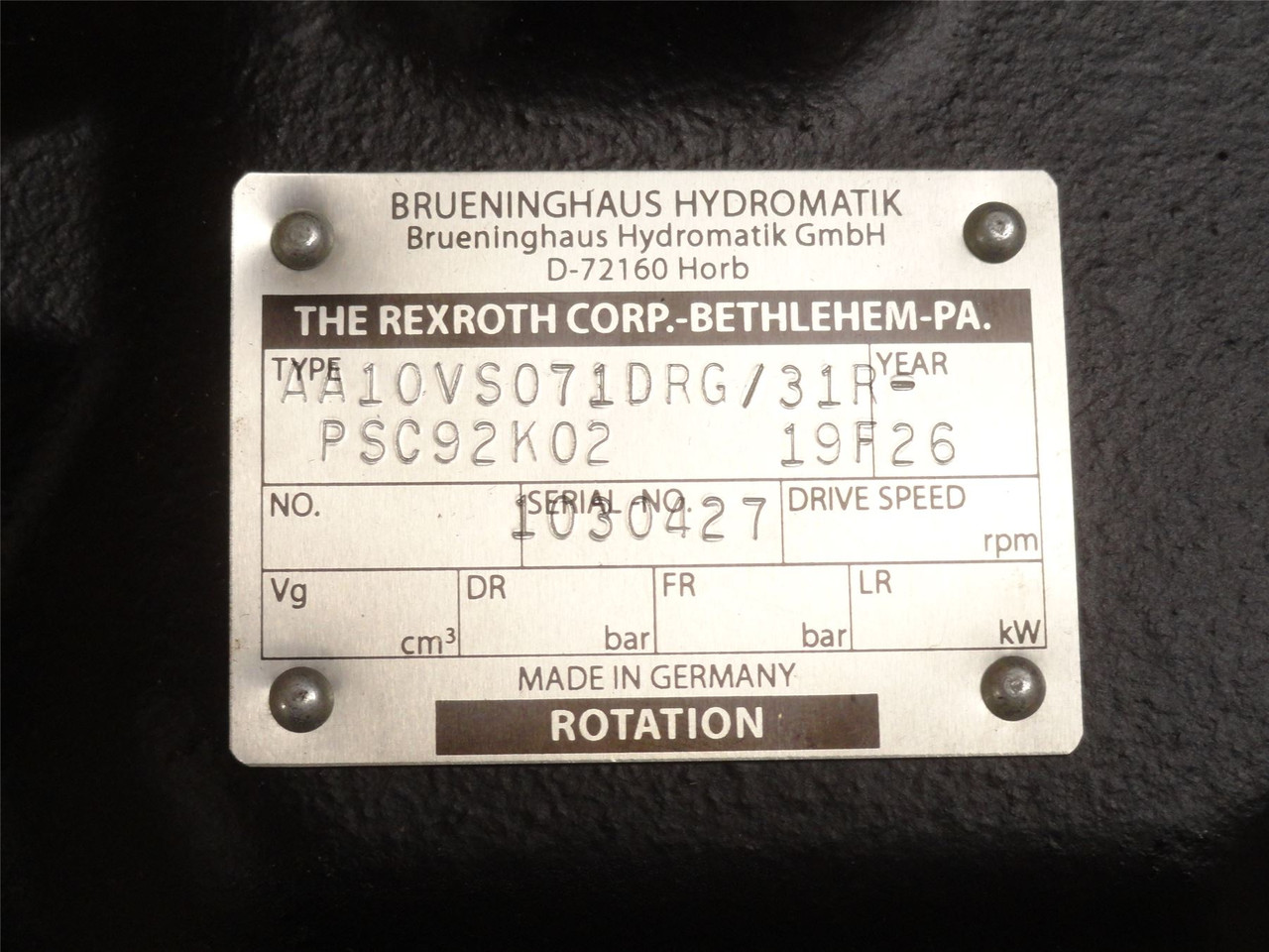 Rexroth APA10VS071DRG31R-PSC92K02; Hydraulic Piston Pump