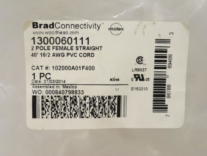 Woodhead 1300060111; Molded Cordset 102000A01F400; 40' Long