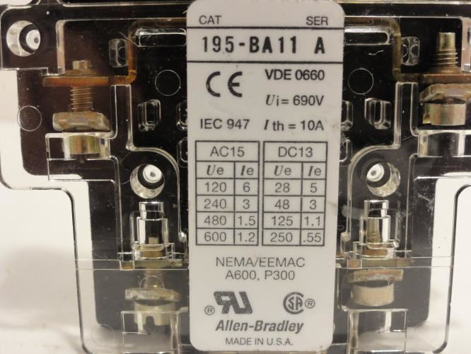 Allen-Bradley 195-BA11; Aux Contact Block; 10A; 600V; 1-NO; 1-NC