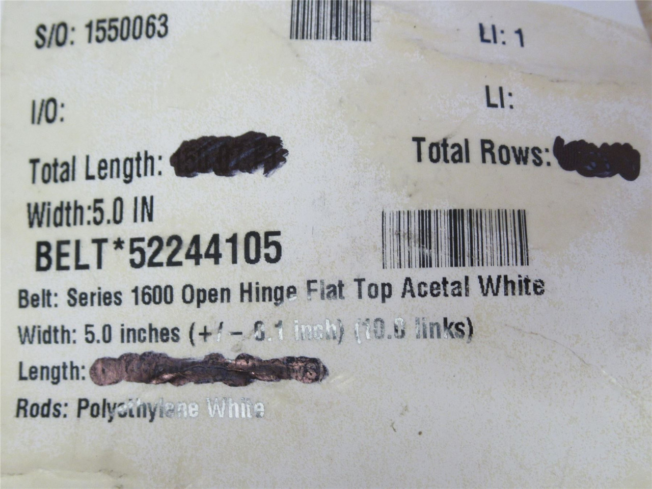 Intralox 52244105-25; Series 1600 Flat Top Belt  25'L x 5"W