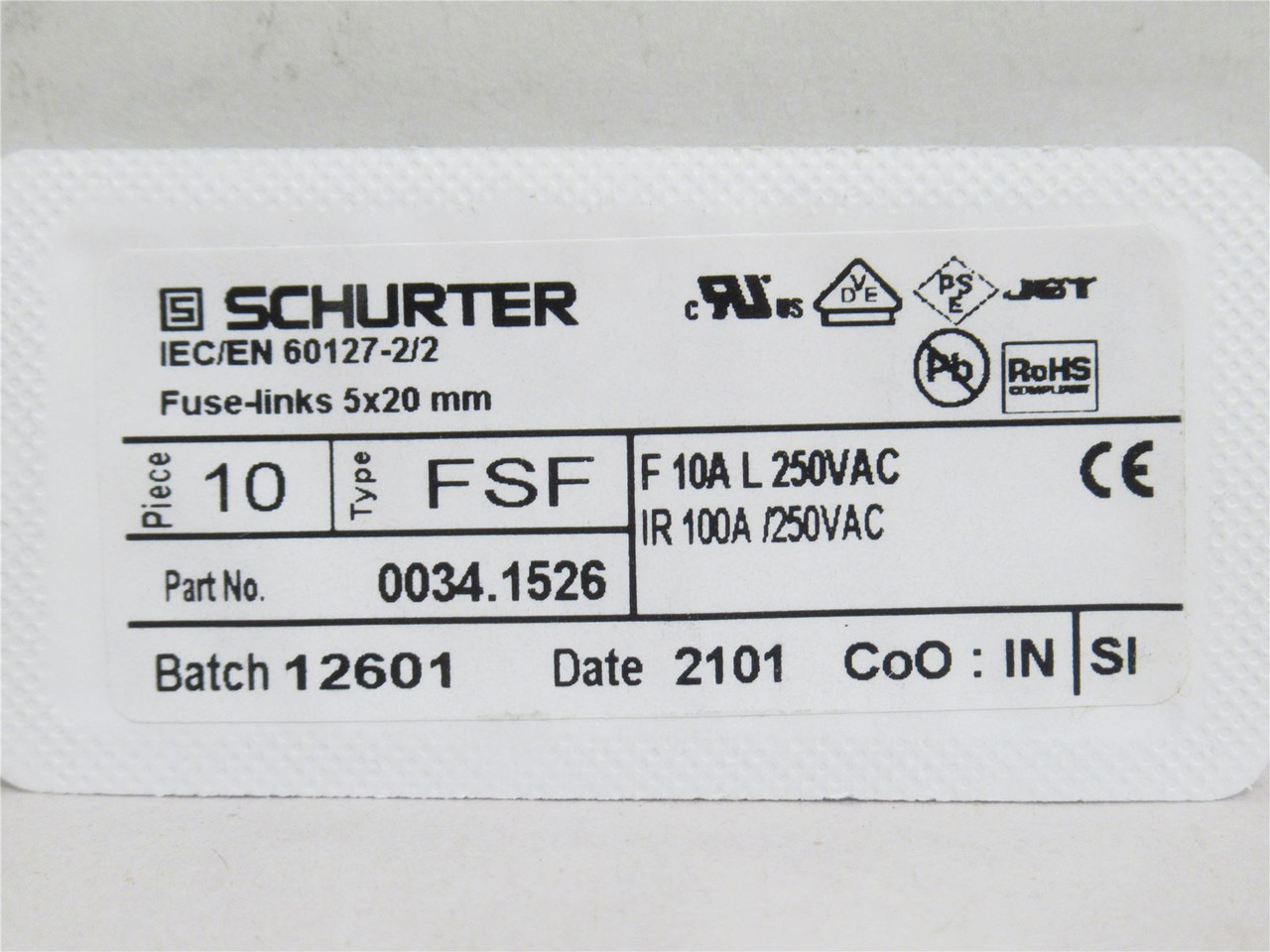 Schurter 34.1526; Lot-50 Cartridge Fuses 250V 10A