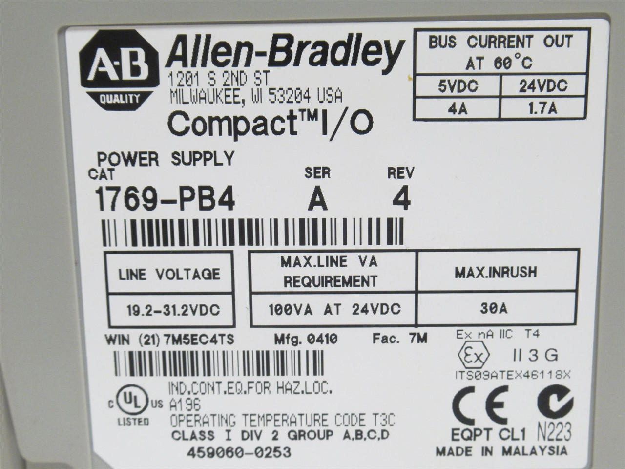 Allen-Bradley 1769-PB4; CompactLogix Power Supply 24VDC Input