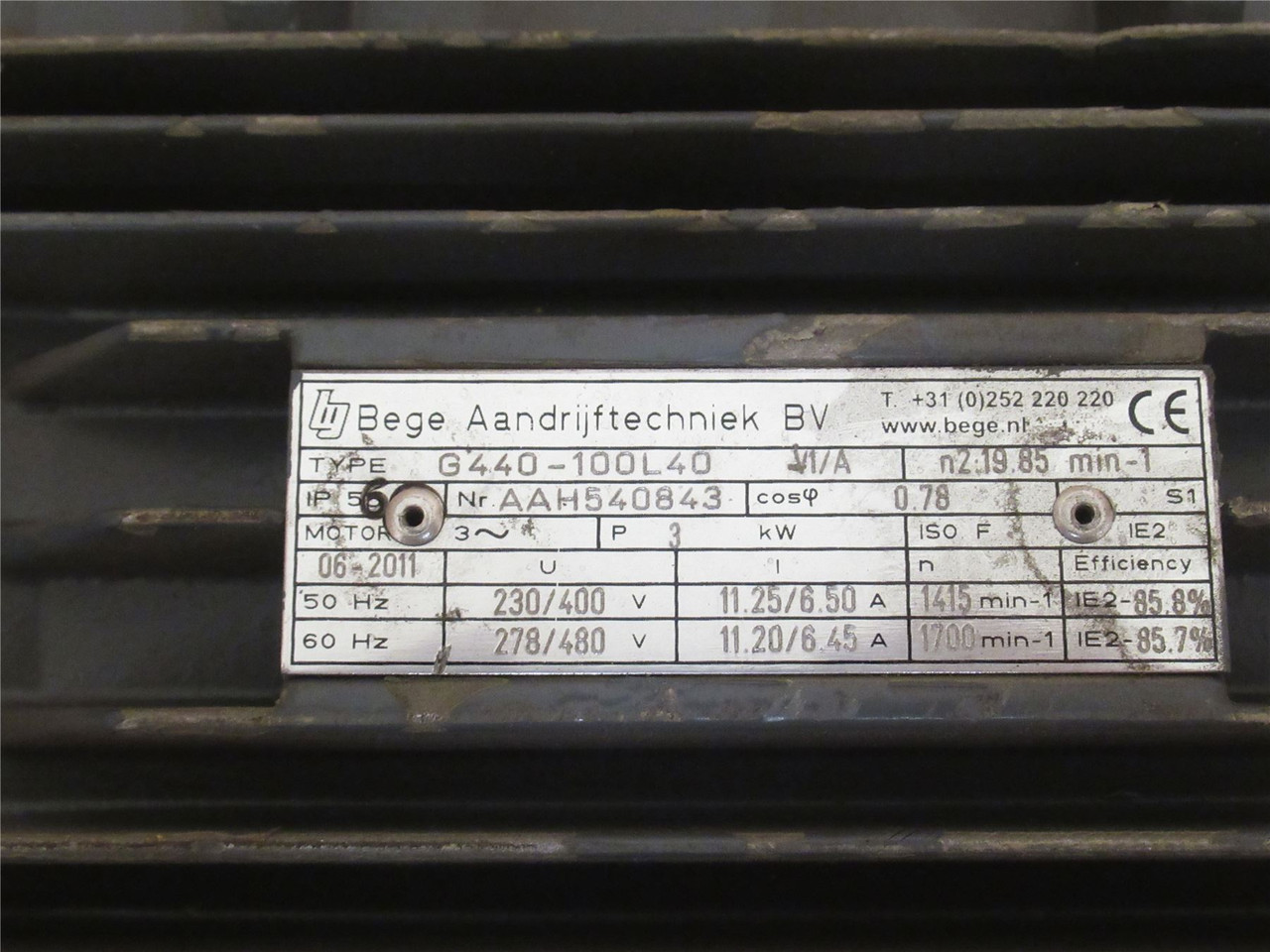 Bege G440-100L40; AC Motor; 0.78kW; 278/480V; 1700RPM; 3PH