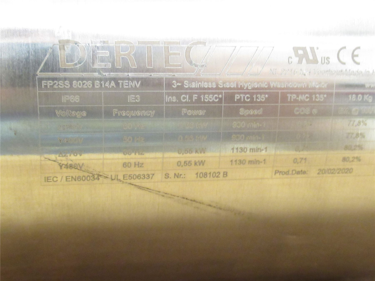 Dertec FP2SS8026B14ATENV; AC Motor; SS; 0.55kW; 480V; 1130RPM