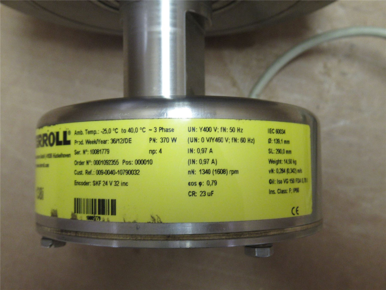 Interoll 138i-370W; AC Drum Motor; 460V; 3PH; 139mm x 290mm