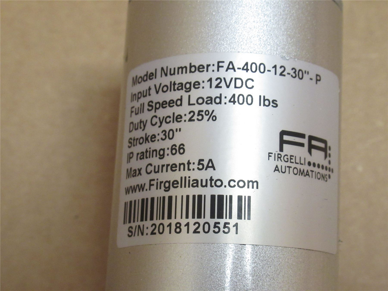 Firgelli FA-400-12-30-P; High Force Linear Actuator; 12VDC; 30" Stk
