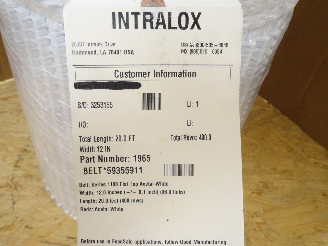 Intralox S1100-12-20; Flat Top Belting; 12" Wide x 20' Long