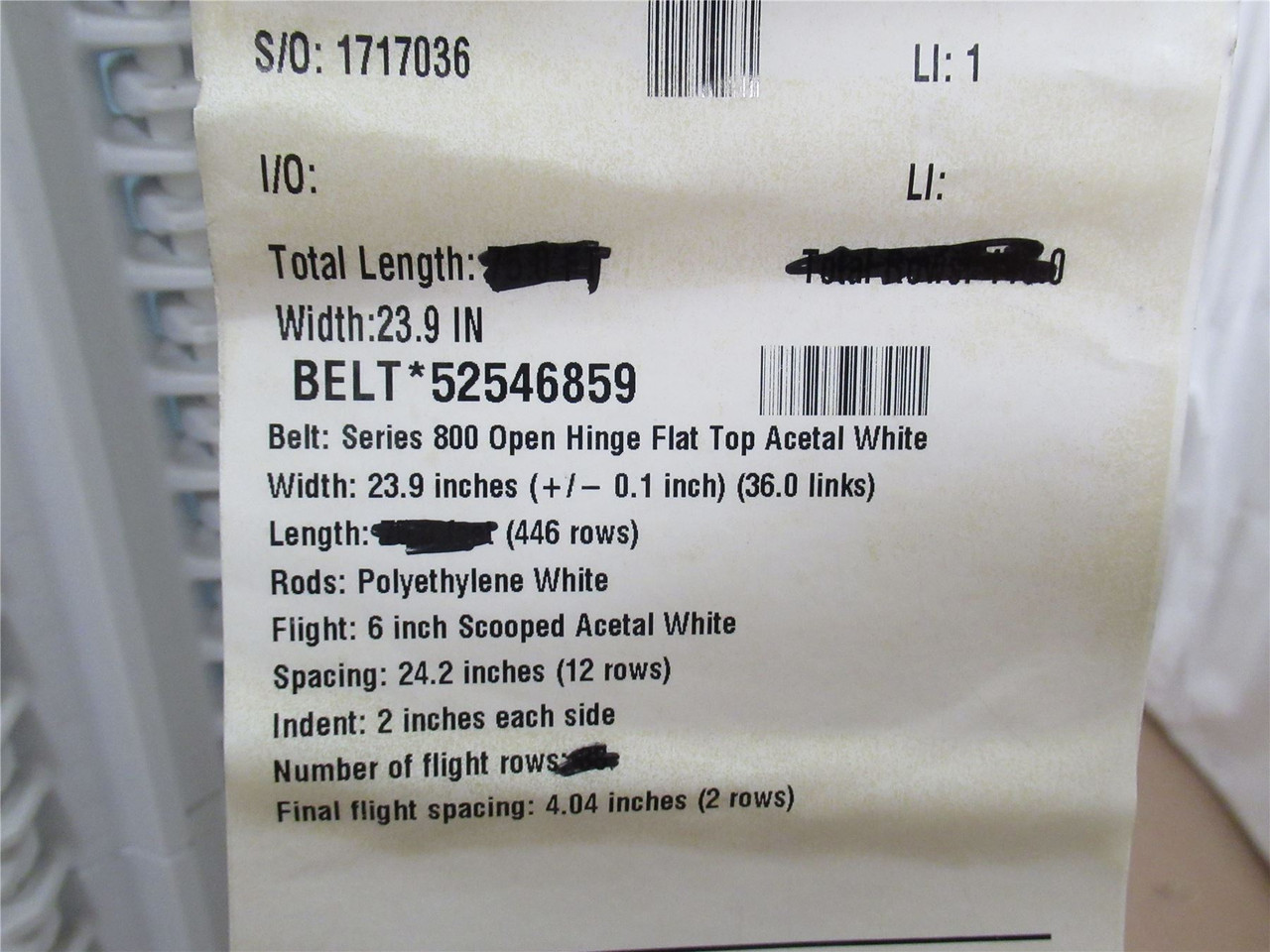 Intralox 52546859; Flighted Conveyor Series 800; 23.9"W x 10.9'L