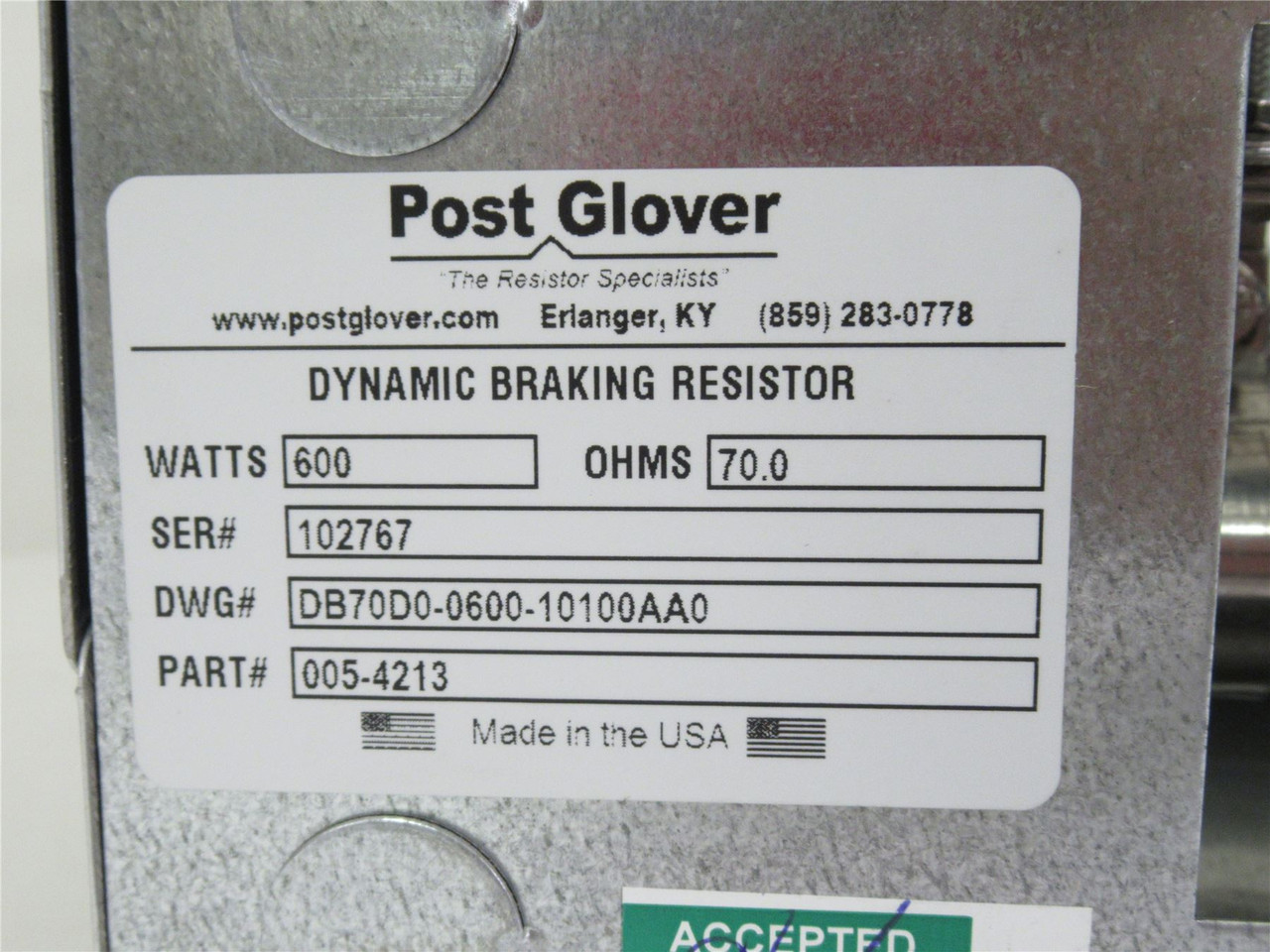 Post Glover 005-4213; Dynamic Braking Resistor;600W; 70.0Ohms