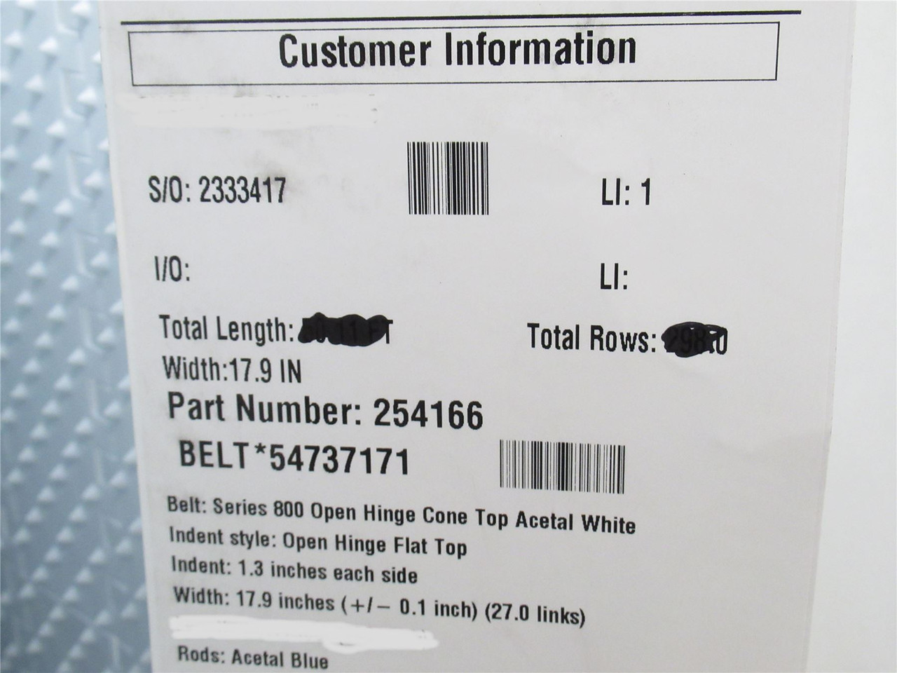 Intralox 54737171; Flat Top Ser: 800 Belt; 12ft x 17.9" W