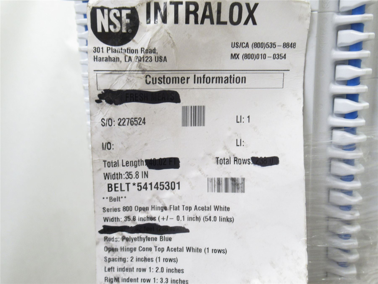 Intralox 54145301; Series 800 Flat Top Belt 36"Wx 10'L
