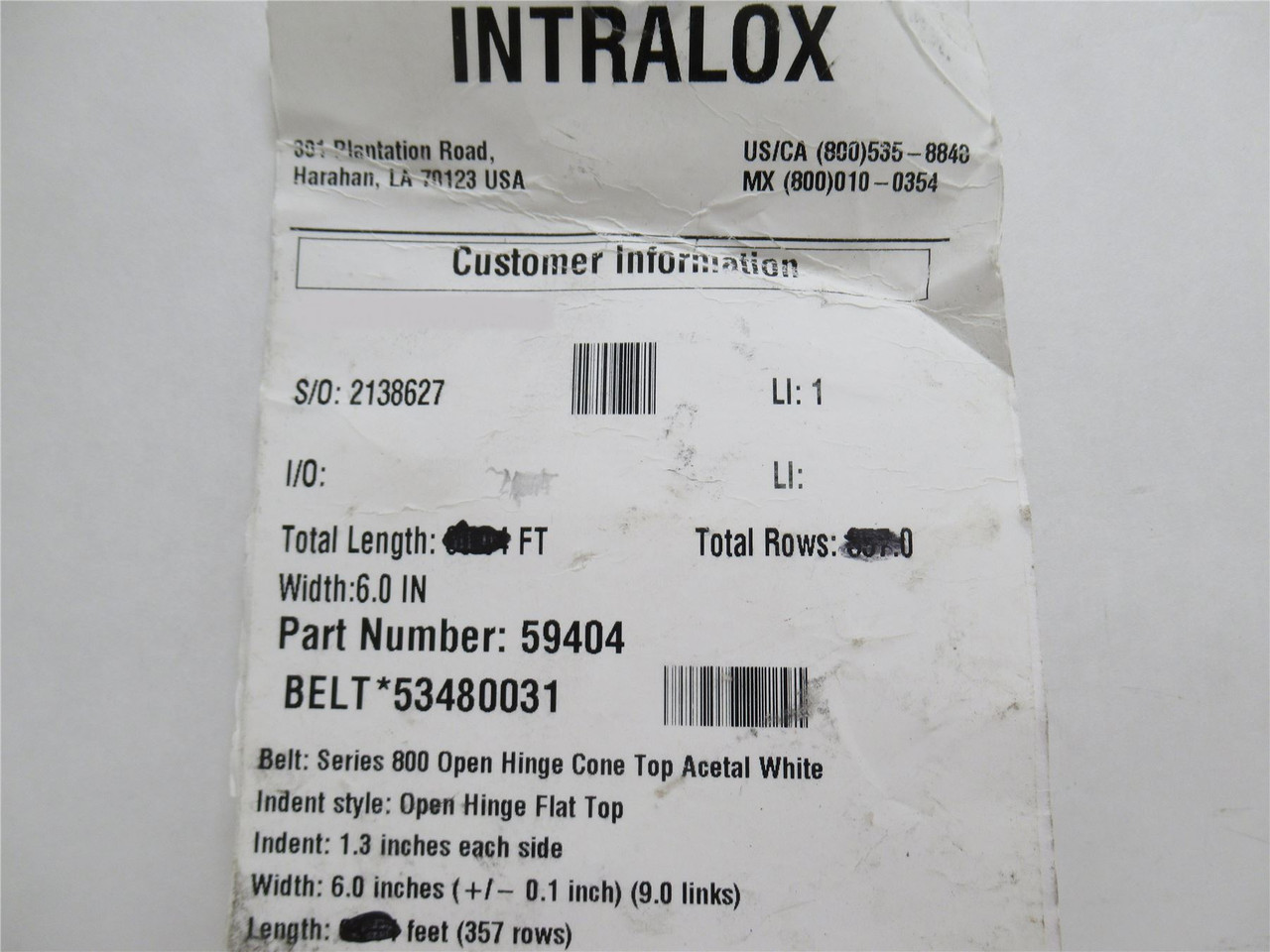 Intralox 53480031-19.65; Cone Top Belt Series 800; 6"W x 9.68'L