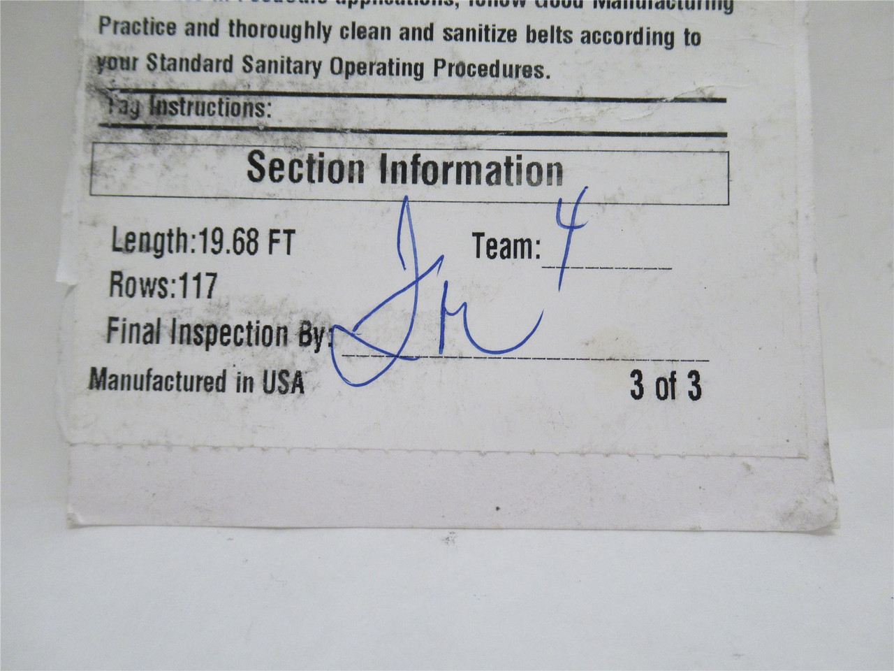 Intralox 53480031-19.65; Cone Top Belt Series 800; 6"W x 9.68'L