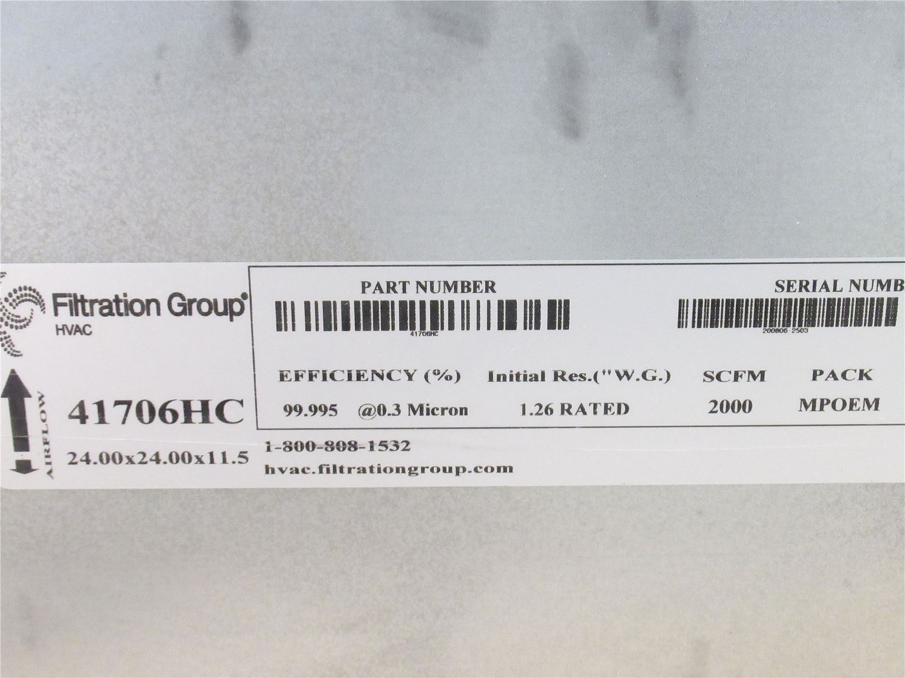 Filtration Group 41706HC; HEPA Filter 24" x 24" x 11-1/2"
